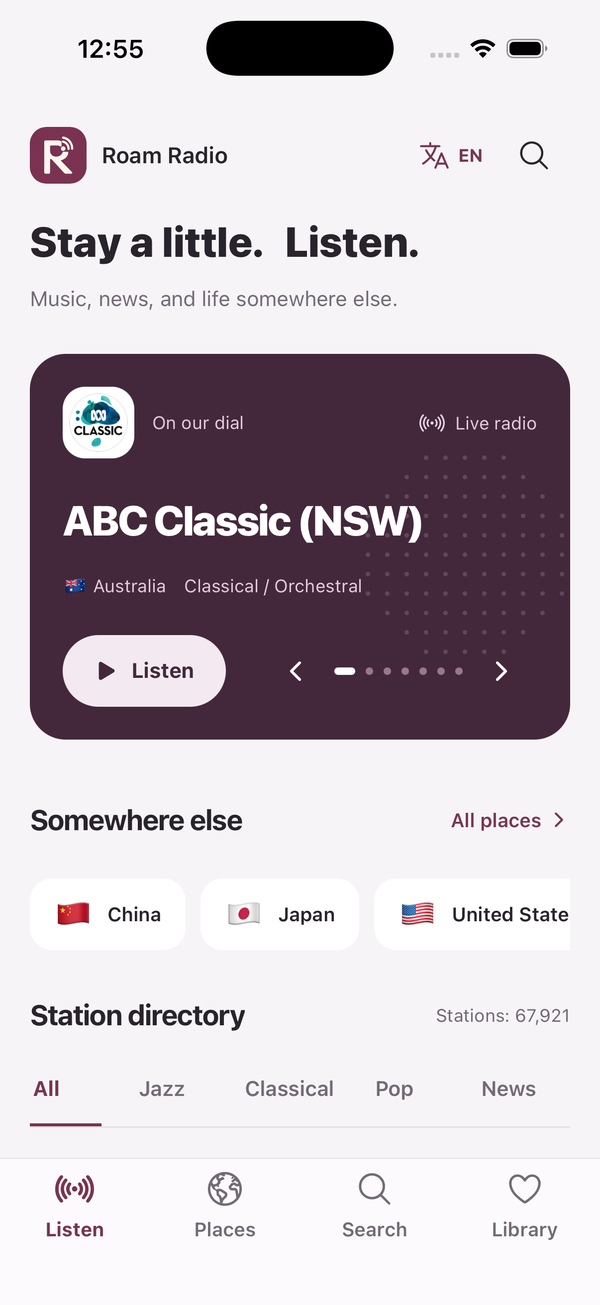 Roam Radio iPhone listen screen showing a featured live station