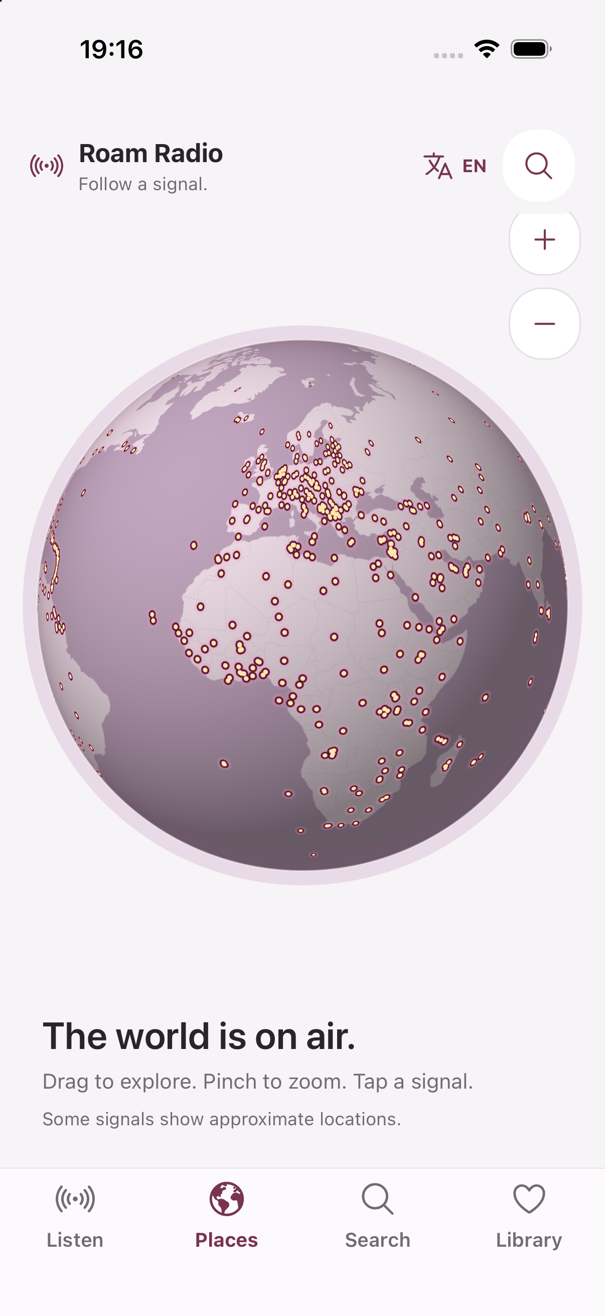 Roam Radio globe view with radio stations around the world